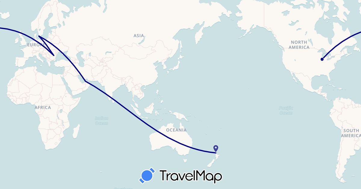 TravelMap itinerary: driving in United Arab Emirates, Denmark, New Zealand, Romania, United States (Asia, Europe, North America, Oceania)